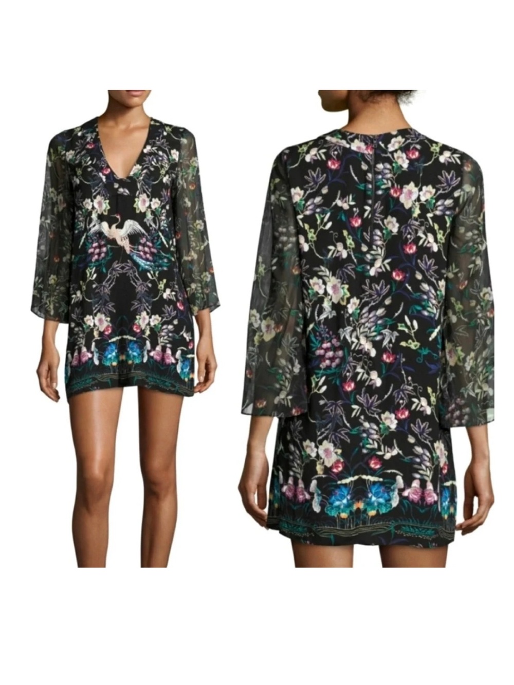 Alice + Olivia Zia Mythical Garden Kaftan Mini Dress Size Medium Floral Black - Picture 1 of 11
